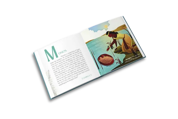 Interior spread from ABC: Bible Stories by Letter, “M is for Moses”.
