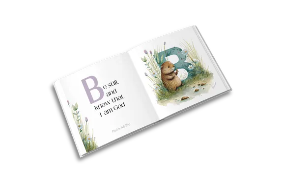 Interior spread from ABC: Simple Bible Texts for Tender Hearts, “B — Be still, and know that I am God”.