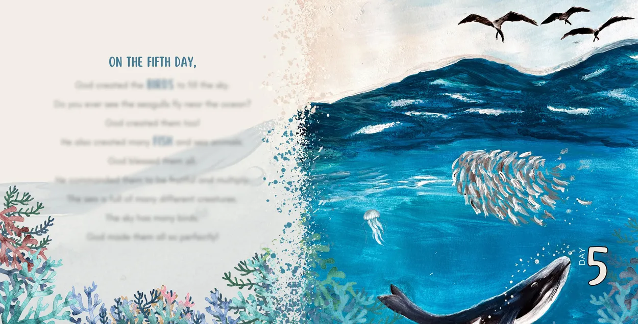 Interior spread from God Made Them All, creatures of the sea and sky.