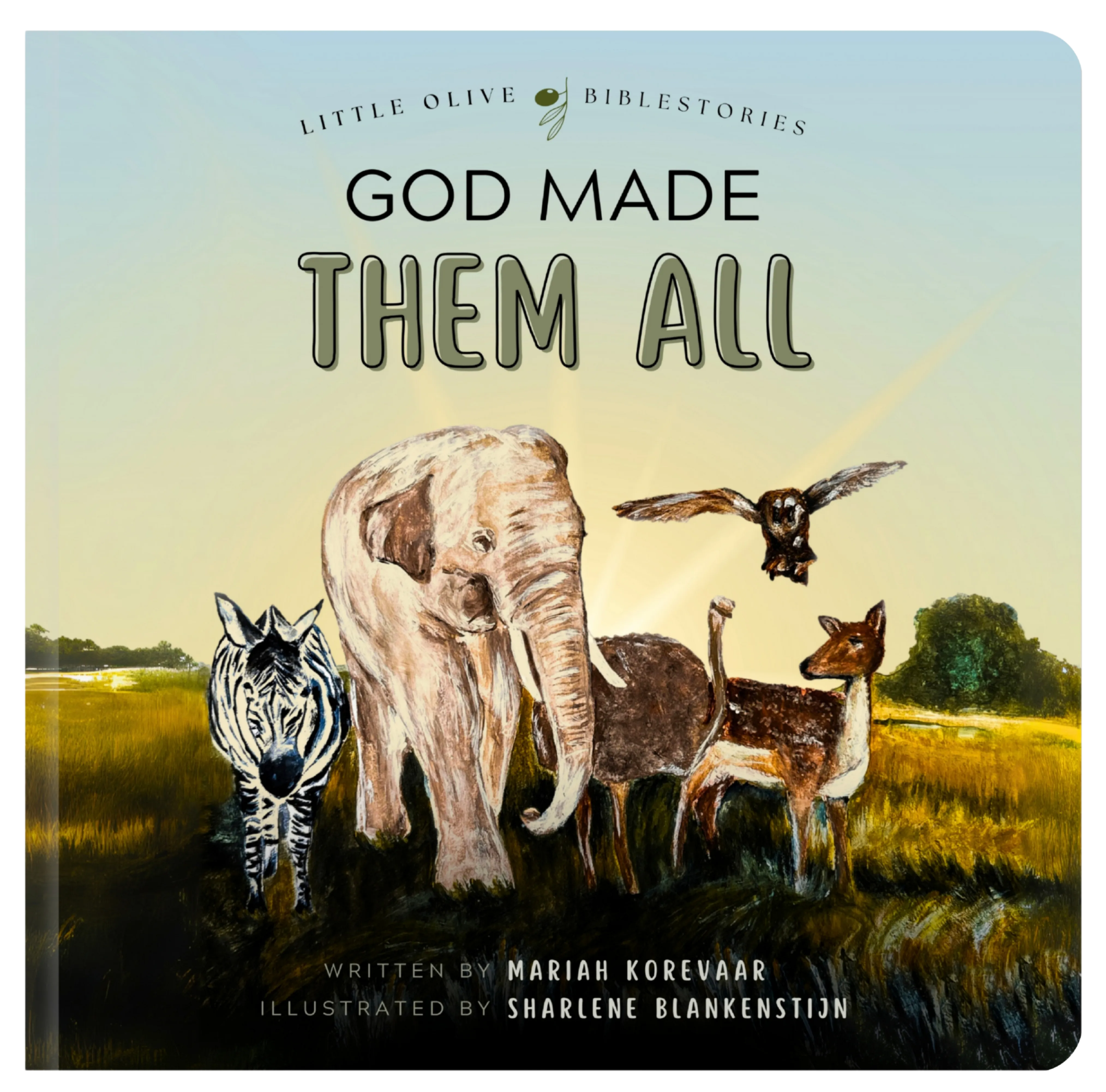 Cover of God Made Them All, an elephant, zebra, deer and owl in golden grassland at sunrise.